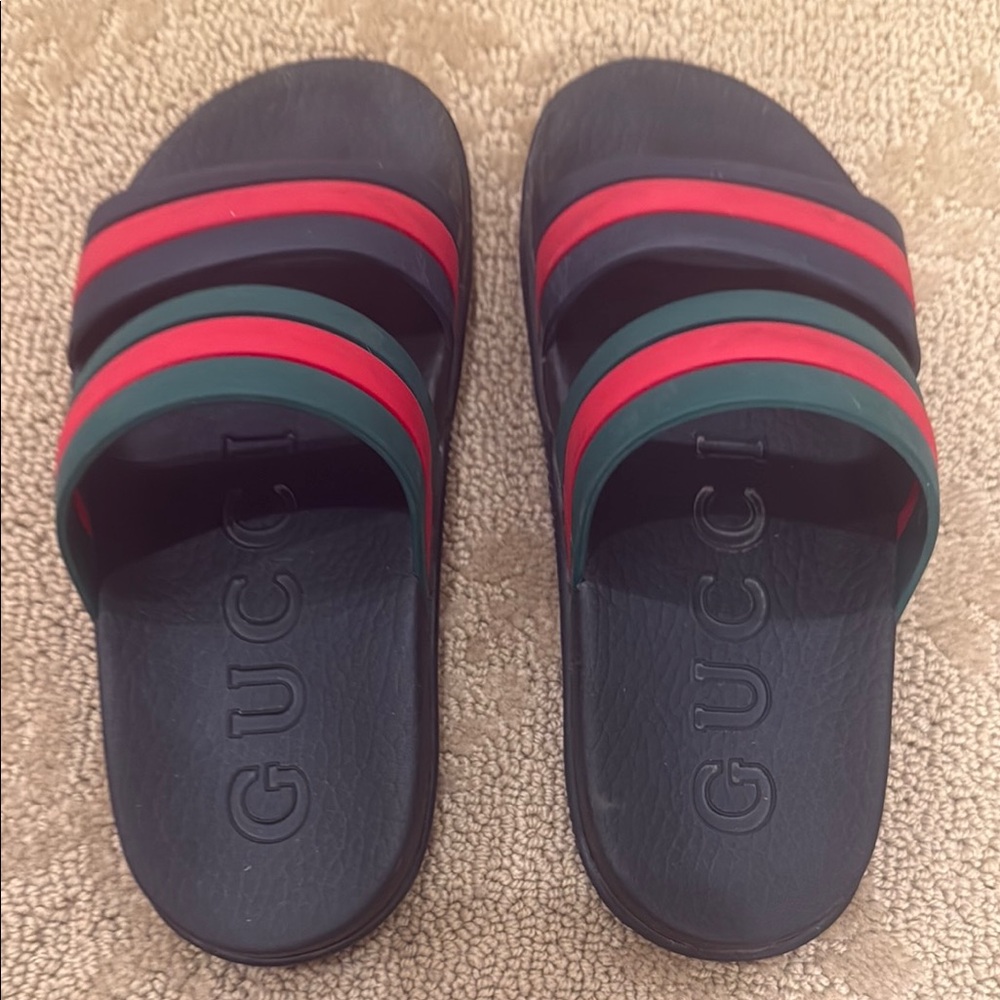 Gucci Black Slides with Red and Green Accents